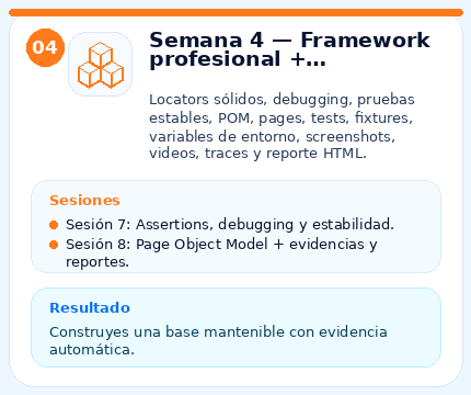 Temario del curso - Semana 4 — Framework profesional + evidencias