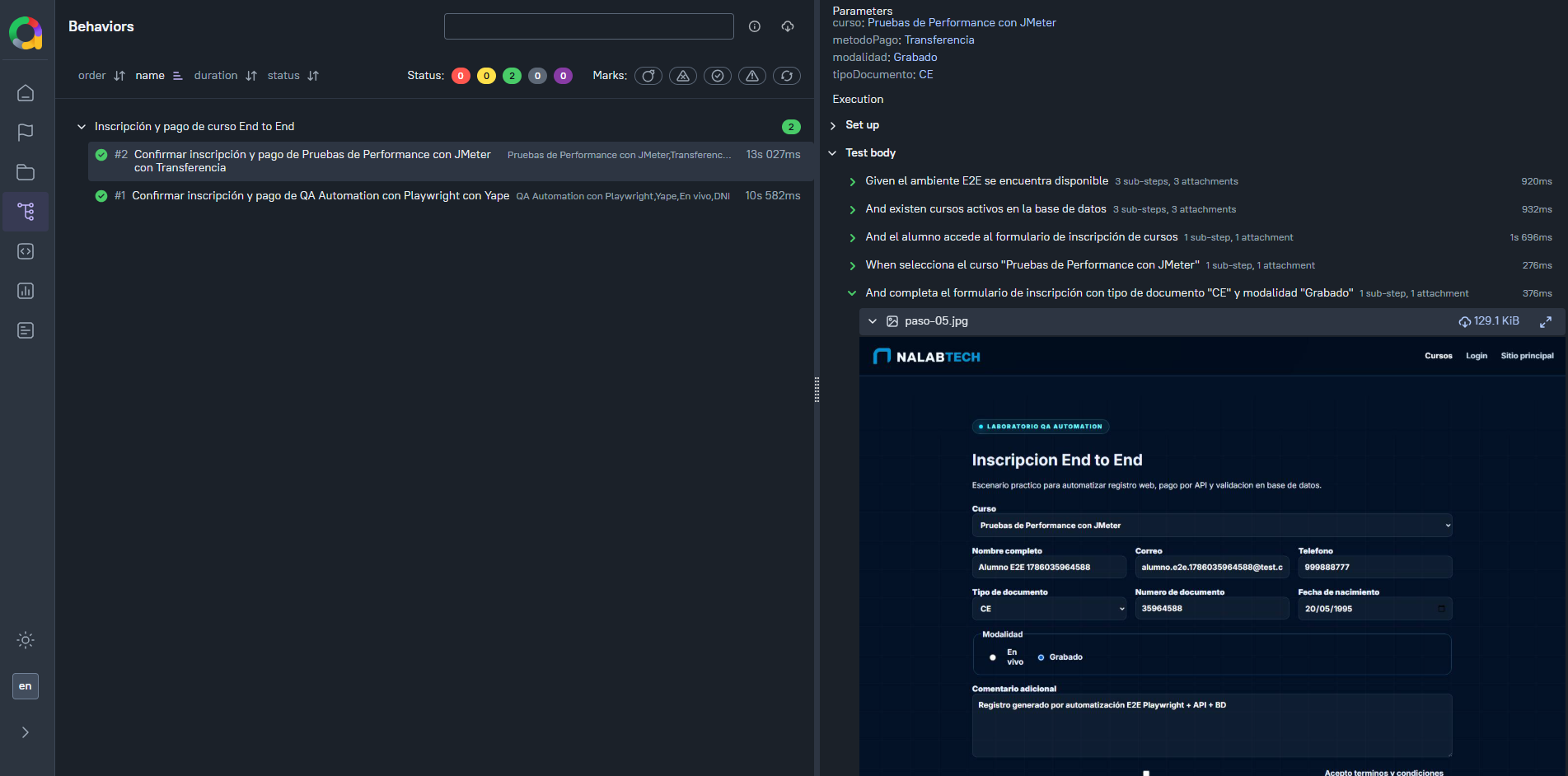 Reporte Allure del proyecto Automatización de Pruebas Web con Playwright mostrando 100 por ciento aprobado