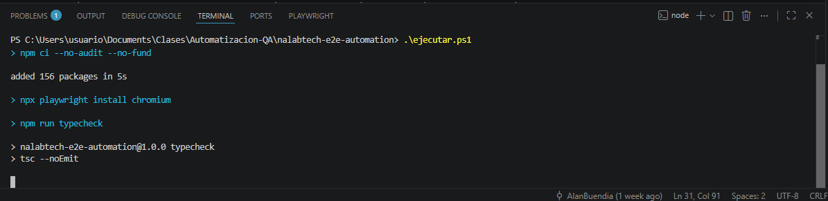 Terminal ejecutando instalación, navegador y typecheck del proyecto de automatización