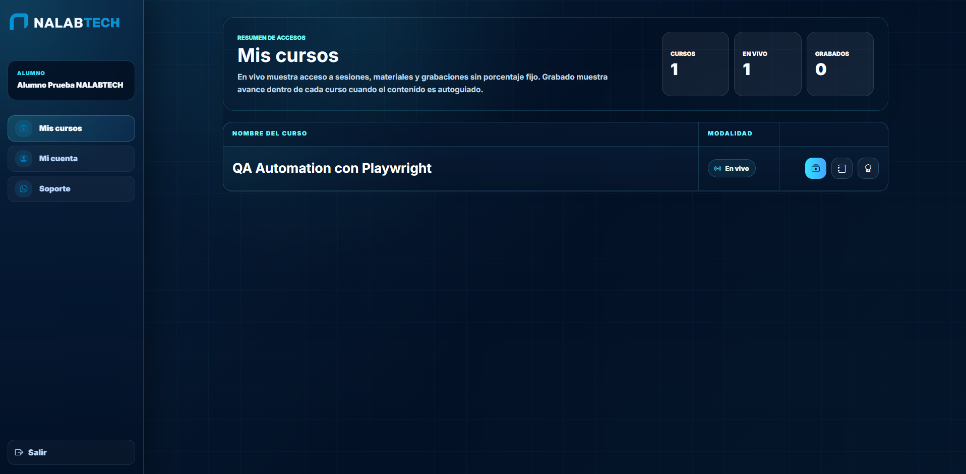 Panel de alumno NALABTECH con el curso Automatización de Pruebas Web con Playwright disponible