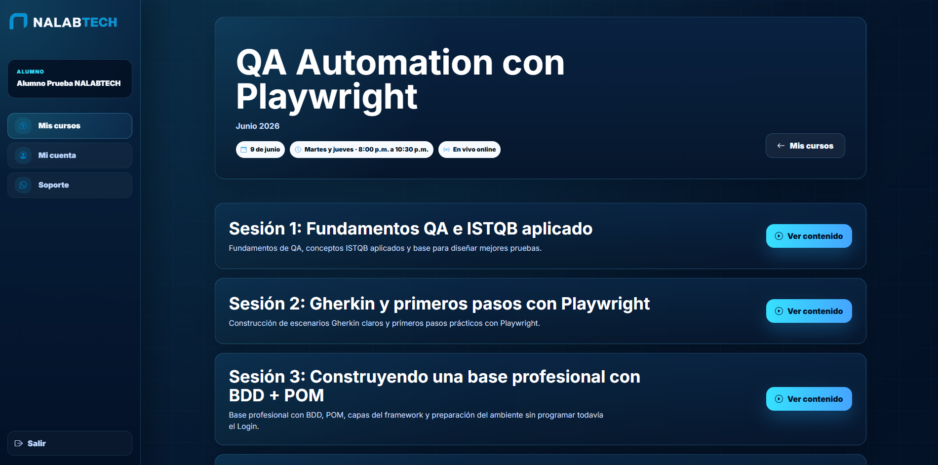 Listado de sesiones del curso Automatización de Pruebas Web con Playwright en NALABTECH Academia