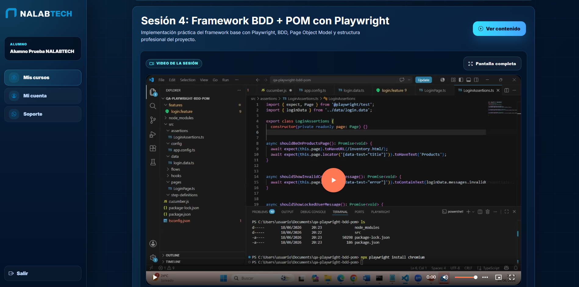 Video de una sesión del curso en el portal de alumnos NALABTECH